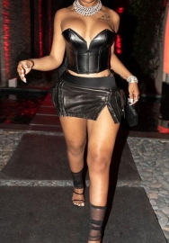 (Real Image)2023 Styles Women Sexy&Fashion Spring&Summer TikTok&Instagram Styles Black PU Two Piece Dress