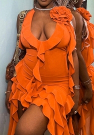 (Orange)2023 Styles Women Sexy&Fashion Spring&Summer TikTok&Instagram Styles Mesh Ruffle Irregular Mini Dress