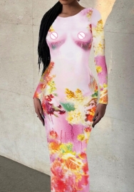 (Pink)2023 Styles Women Sexy&Fashion Spring&Summer TikTok&Instagram Styles Print Long Sleeve Maxi Dress