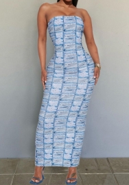 (Real Image)2023 Styles Women Sexy&Fashion Spring&Summer TikTok&Instagram Styles Print Blue Tube Maxi Dress