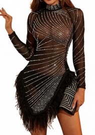 (Real Image)2023 Styles Women Sexy&Fashion Autumn/Winter TikTok&Instagram Styles  Sequins Mesh Long Sleeve Mini Dress