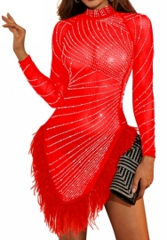 (Red)2023 Styles Women Sexy&Fashion Autumn/Winter TikTok&Instagram Styles  Sequins Mesh Long Sleeve Mini Dress