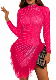 (Rose)2023 Styles Women Sexy&Fashion Autumn/Winter TikTok&Instagram Styles  Sequins Mesh Long Sleeve Mini Dress