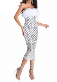 (Real Image)2023 Styles Women Sexy&Fashion Autumn/Winter TikTok&Instagram Styles Tube Feather Sequins Midi Dress