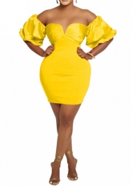 (Yellow)2023 Styles Women Sexy&Fashion Autumn/Winter TikTok&Instagram Styles Off Shoulder Short Sleeve Mini Dress