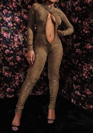 (Real Image)2023 Styles Women Sexy&Fashion Autumn/Winter TikTok&Instagram Styles Long Sleeve Brown Cut Out Jumpsuit