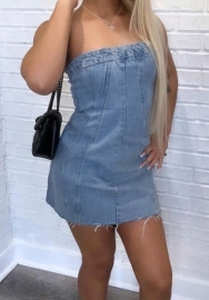 (Real Image)2023 Styles Women Sexy&Fashion Autumn/Winter TikTok&Instagram Styles Blue Tube Jeans Mini Dress