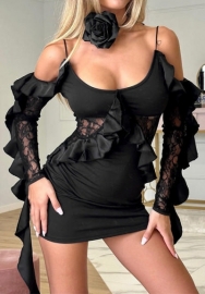 (Not Black Flower)(Real Image)2023 Styles Women Sexy&Fashion Autumn/Winter TikTok&Instagram Styles Black Lace Cold Shoulder Mini Dress