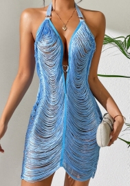 (Blue)2023 Styles Women Sexy&Fashion Autumn/Winter TikTok&Instagram Styles Sweater Ripped Halter Mini Dress