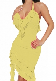 (Yellow)2024 Styles Women Sexy&Fashion Sprint/Summer TikTok&Instagram Styles Halter Ruffle Irregular Mini Dress