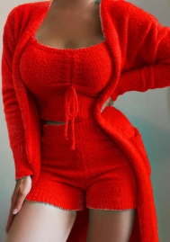 (Red)(Short Co-ords+Open Coat)2024 Styles Women Sexy&Fashion Sprint/Summer TikTok&Instagram Loungwear Three Piece Sets