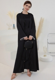 (Real Image)2024 Styles Women Muslim Tassel Long Sleeve Beaded Solid Color Dress Gown