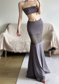 (Real Image)2024 Styles Women Summer Crop Top Bandeau with High Waist Sheer Slimming Mermaid Skirt Set