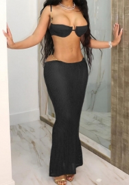 (Black)2024 Styles Women Summer Sexy Sheer Lace-Up Top with Low Waist Slim-Fit Skirt Set