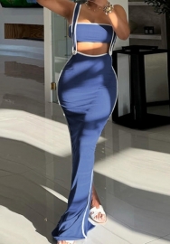 (Blue)2024 Styles Women Summer Fashion Sexy Halter Crop Top Open-Work Slim Maxi Dress