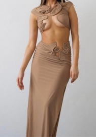 (Khaki)2024 Styles Women Summer 3D Lace Crop Top Sexy Open-Work Split Slim Long Dress Set