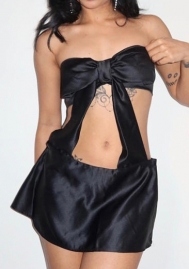 (Real Image)2024 Styles Women Black Bow Detail Open-Work Zippered Open Back Mini Dress
