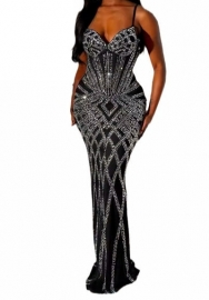 (Black)2024 Styles Women Rhinestone Strappy Maxi Dress