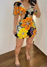 (Yellow)2024 Styles Women Printed Cutout Lace-up Ruffle Sleeves Fake Two-Piece Dress Set