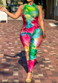 (Real Image)2024 Styles Women Printed Stretchy Sleeveless Bodycon Jumpsuit