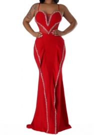 (Red)2024 Styles Women Seductive Sequin Lace Sheer Insert with Ruffle Bodycon Stretch Halter Maxi Dress