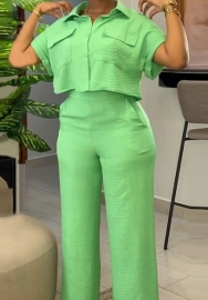 (Green)2024 Styles Plus Size Women Summer Casual Collared Short Sleeve Shirt with Wide-Leg Pants Stylish Set