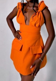 (Orange)2024 Styles Plus Size Women Summer Elegant V-Neck High-Waist Fake Pocket A-Line Strapless Dress