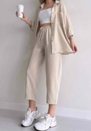 (Real Image)2024 Styles Plus Size Women Spring Casual Loose Shirt Jacket and Cropped Sporty Harem Pants Two-Piece Set