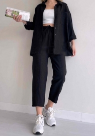 (Black)2024 Styles Plus Size Women Spring Casual Loose Shirt Jacket and Cropped Sporty Harem Pants Two-Piece Set