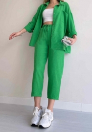 (Green)2024 Styles Plus Size Women Spring Casual Loose Shirt Jacket and Cropped Sporty Harem Pants Two-Piece Set