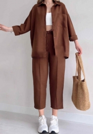 (Brown)2024 Styles Plus Size Women Spring Casual Loose Shirt Jacket and Cropped Sporty Harem Pants Two-Piece Set