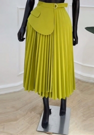 (Yellow,Only Bottom)2024 Styles Plus Size Women Summer High-Waist Irregular Tied-Ruffle Pleated Midi Skater Skirt