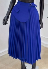 (Blue,Only Bottom)2024 Styles Plus Size Women Summer High-Waist Irregular Tied-Ruffle Pleated Midi Skater Skirt
