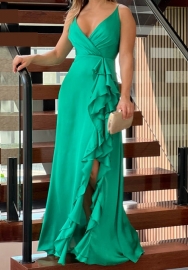 (Green)2024 Styles Women Summer Halter V-Neck High-Waist Ruffle Irregular Hem Maxi Dress