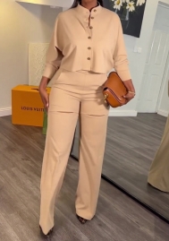 (Apricot)2024 Styles Plus Size WomenSpring Stylish Collar Long Sleeve Shirt with Wide-Leg Pants Casual Set