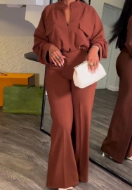 (Real Image)2024 Styles Plus Size Women Spring Casual V-Neck Long Sleeve Top with Wide-Leg Pants Set