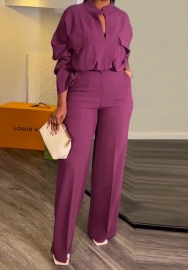 (Purple)2024 Styles Plus Size Women Spring Casual V-Neck Long Sleeve Top with Wide-Leg Pants Set