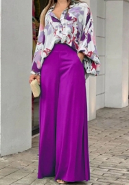 (Purple)2024 Styles Plus Size Women Summer Loose Plus-Size Casual Printed Shirt Top with Wide-Leg Pants Two-Piece Set