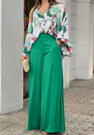 (Green)2024 Styles Plus Size Women Summer Loose Plus-Size Casual Printed Shirt Top with Wide-Leg Pants Two-Piece Set
