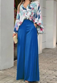 (Blue)2024 Styles Plus Size Women Summer Loose Plus-Size Casual Printed Shirt Top with Wide-Leg Pants Two-Piece Set