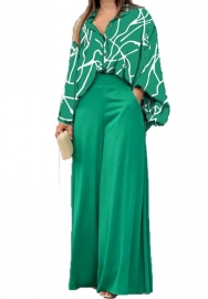 (Green)2024 Styles Plus Size Women Summer Loose Plus-Size Casual Printed Shirt Top with Wide-Leg Pants Two-Piece Set