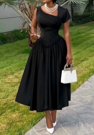 (Black)2024 Styles Plus Size Women Summer Asymmetrical Collar Waist-Cinch Slimming Short Sleeve A-Line Midi Dress