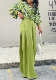 (Real Image)2024 Styles Plus Size Women Spring Floral Designed Lantern Sleeve Blouse with Wide-Leg Trousers Casual Set