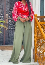 (Red)2024 Styles Plus Size Women Spring Floral Designed Lantern Sleeve Blouse with Wide-Leg Trousers Casual Set