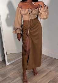 (Brown)2024 Styles Plus Size Women Spring Stylish Square Neck Flared Sleeve Crop Top with Split Skirt