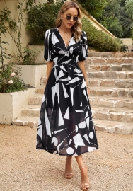 (Real Image)2024 Styles Women Elegant Waist-Cinch V-Neck Printed Maxi Dress