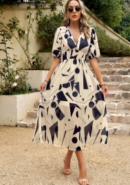 (Real Image)2024 Styles Women Elegant Waist-Cinch V-Neck Printed Maxi Dress