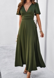 (Real Image)2024 Styles Women Spring/Summer Solid Color Elegant Fitted V-Neck Maxi Dress
