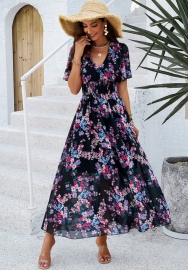 (Real Image)2024 Styles Women Spring/Summer Stylish Floral Print Waist-Cinch Short Sleeve Maxi Dress