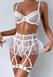 (Real Image)2024 Styles Women Sexy Sheer Gathered Lace and Mesh Patchwork Lingerie Four-Piece Set